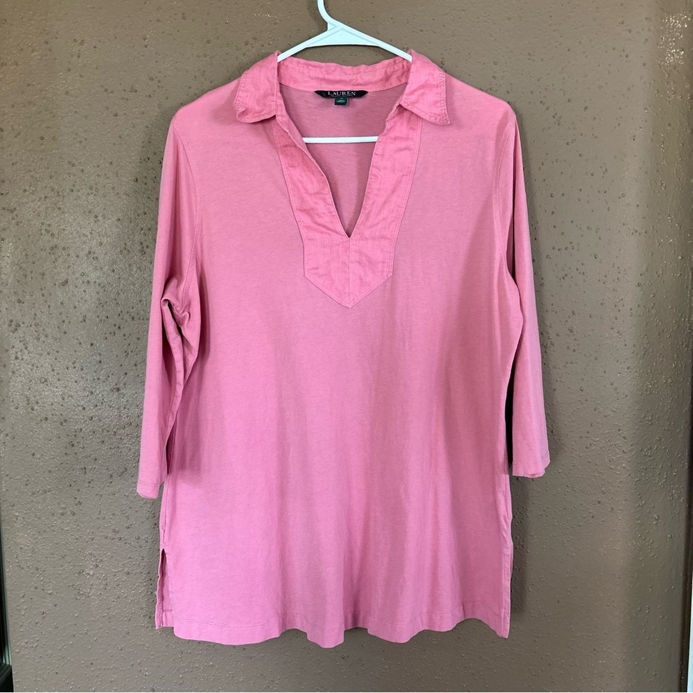 Lauren Ralph Lauren Pink Cotton 3/4 Sleeve V-Neck Tunic Top Plus Size 1X